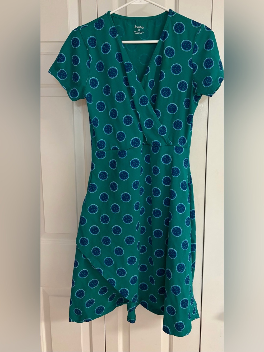 Svaha green  Wrap Dress with Navy Dot Print